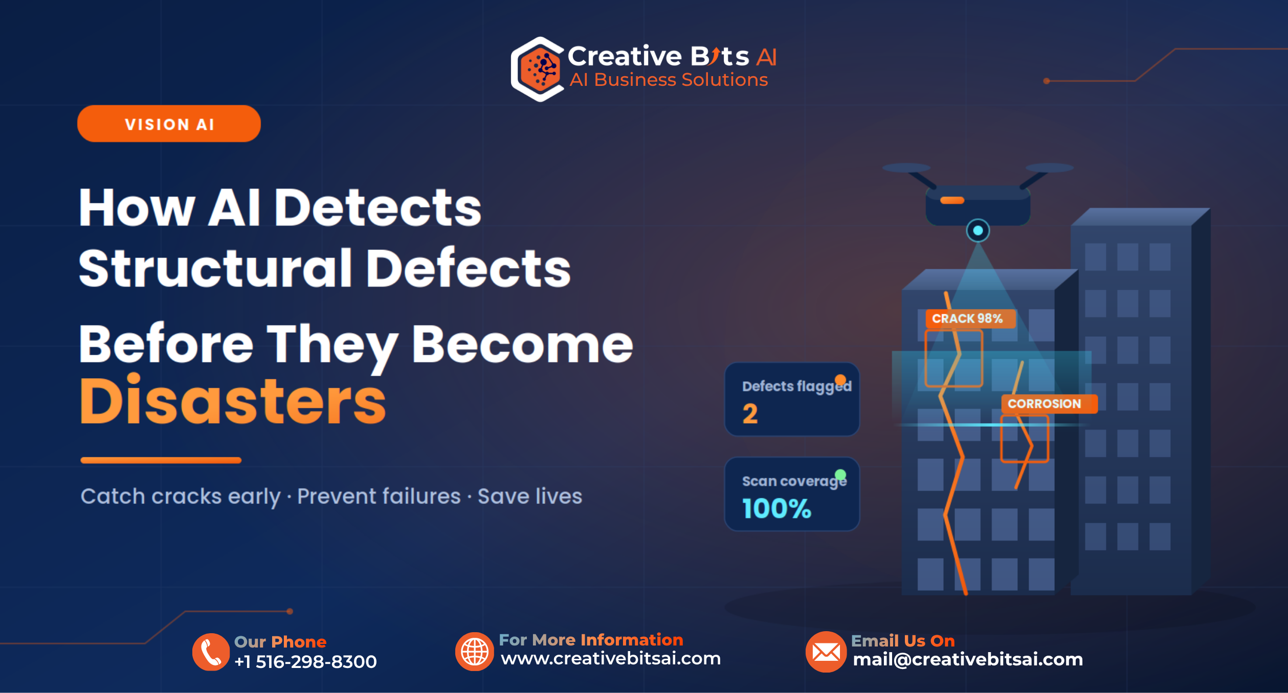 AI structural defect detection highlighting cracks and weaknesses in a building inspection scan.