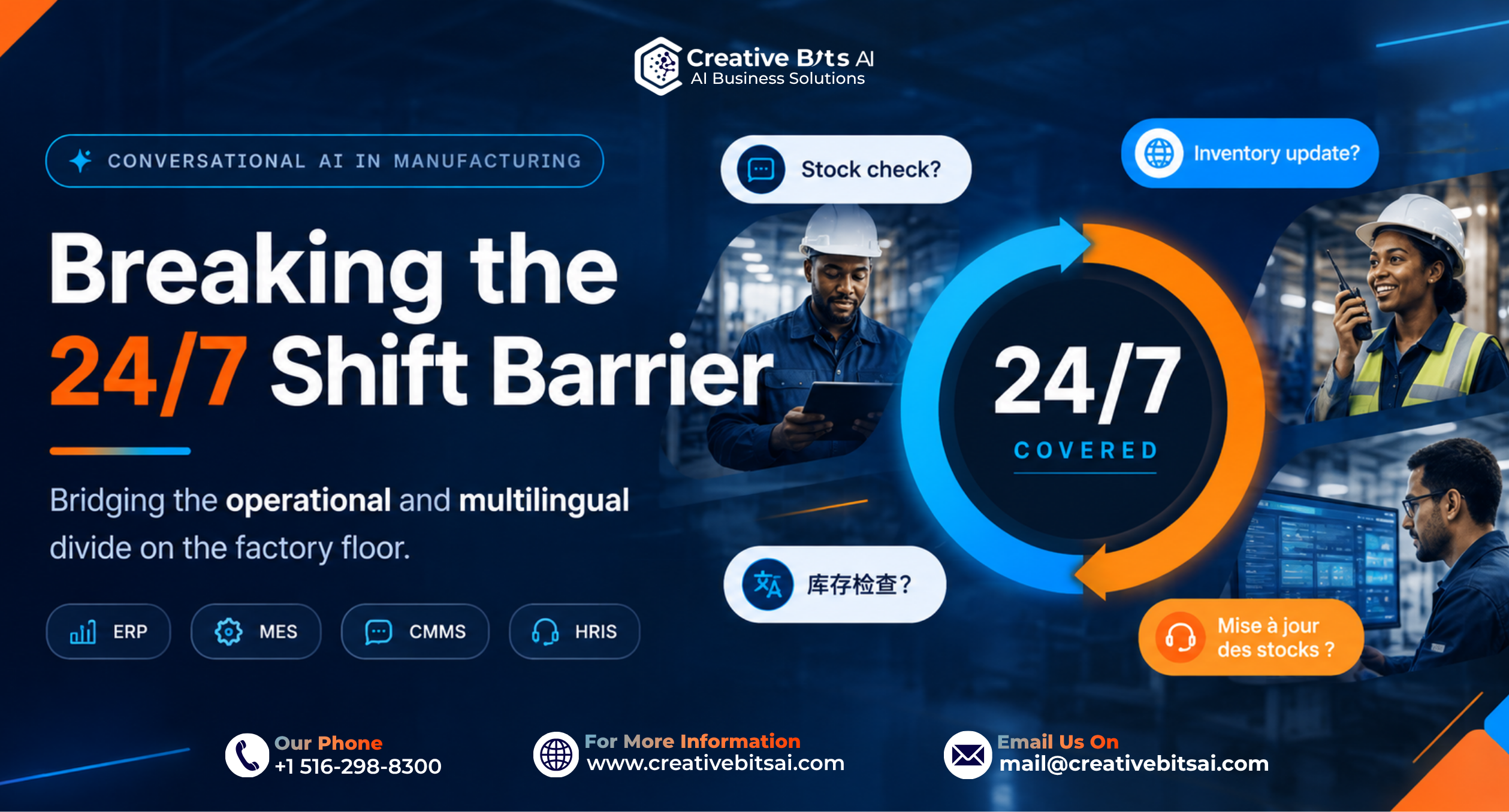 Conversational AI in manufacturing: a 24-hour dial showing day and night shifts fully covered, with multilingual shop-floor chat queries.