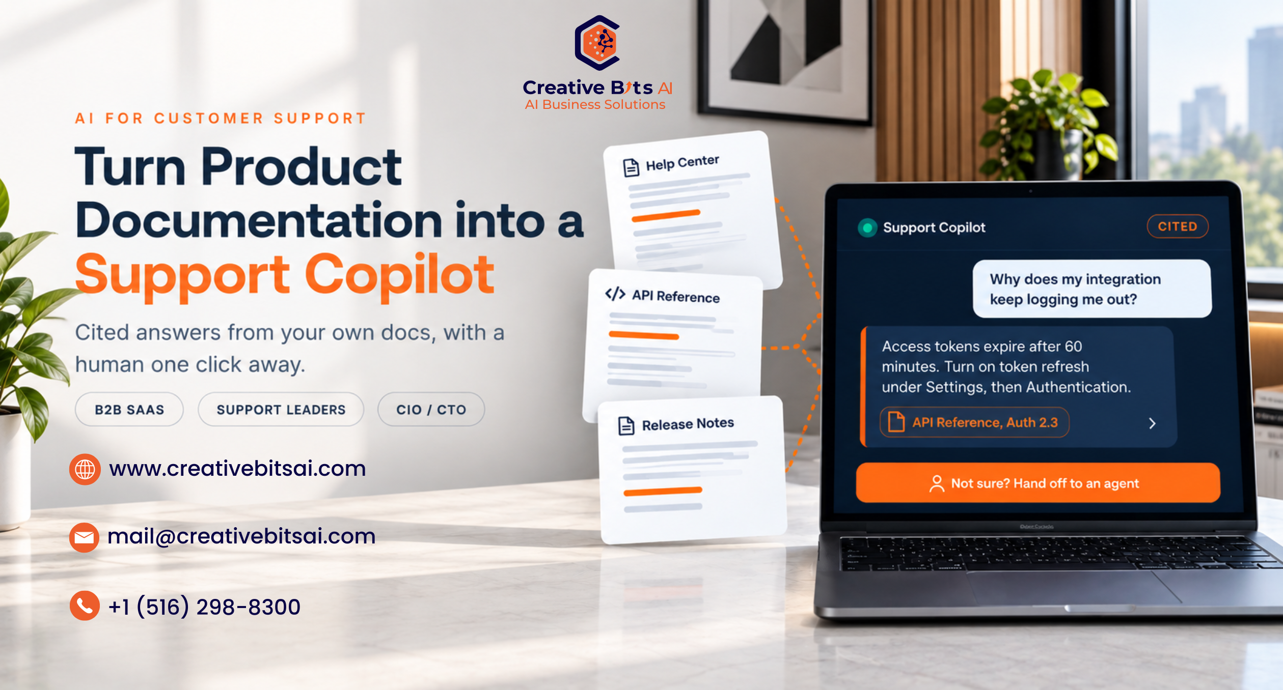 AI support copilot turning Help Center, API Reference and Release Notes into a cited answer with a human agent handoff.