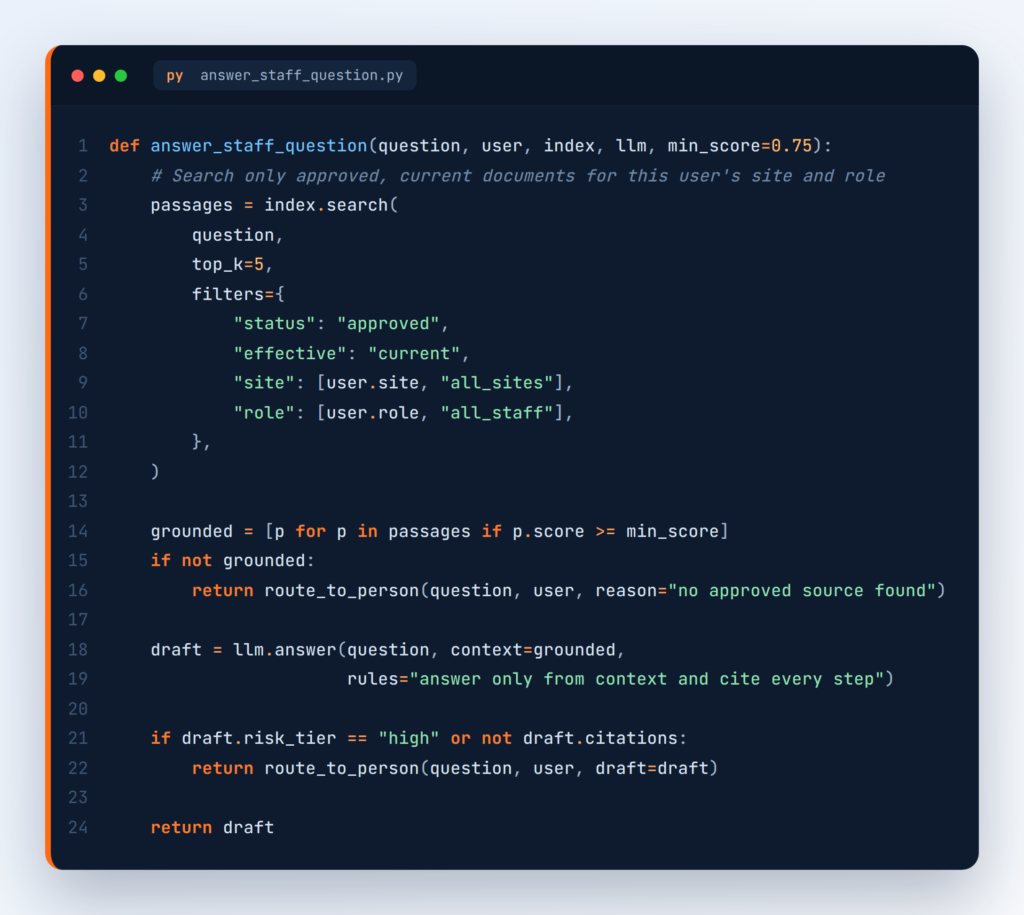 Python code that searches only approved, current healthcare documents for a user’s site and role, and routes uncertain or high risk questions to a person